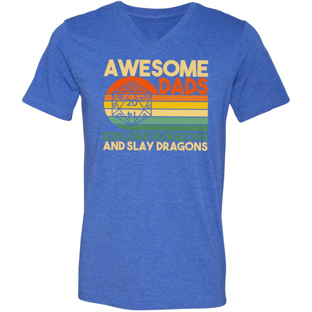 Awesome Dads Explore Dungeons Unisex V-Neck T-Shirt - Heather True Royal - 14
