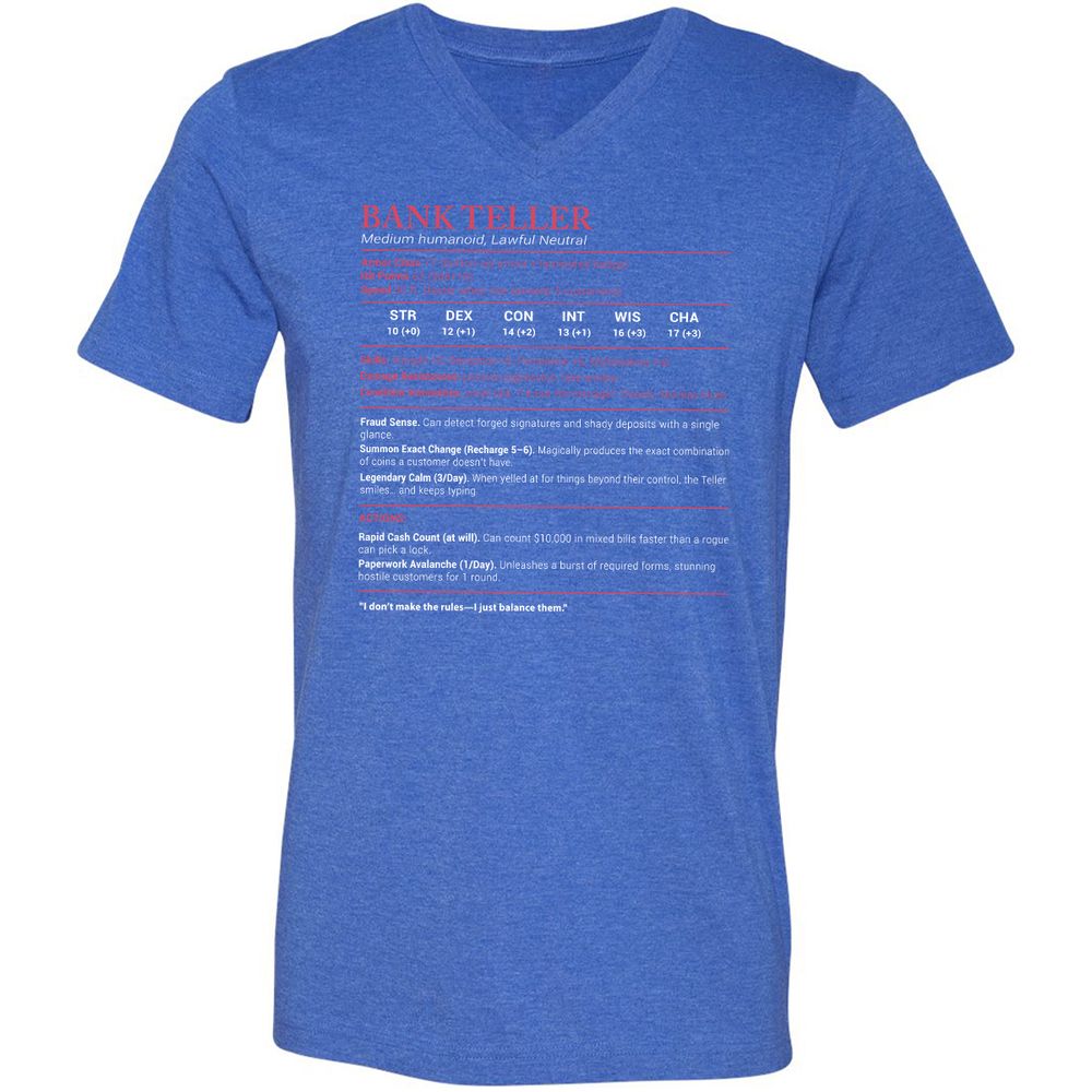 Bank Teller Stats Unisex V-Neck T-Shirt - Heather True Royal - 14