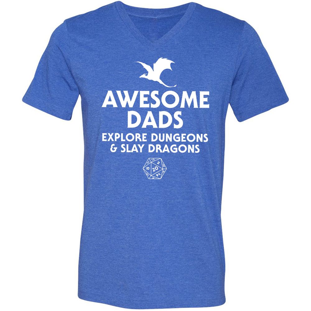 Awesome Dads Slay Dragons Unisex V-Neck T-Shirt - Heather True Royal - 14