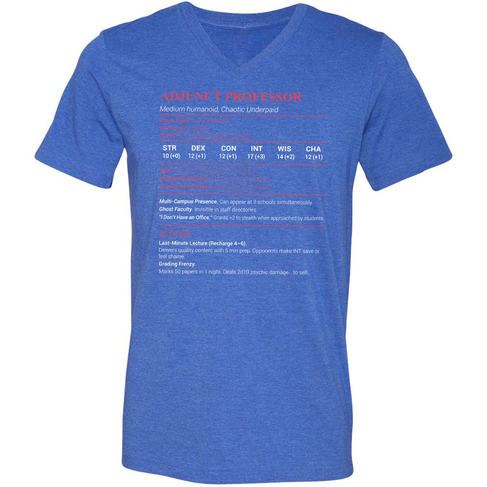 Adjunct Professor Stats Unisex V-Neck T-Shirt - Heather True Royal - 14