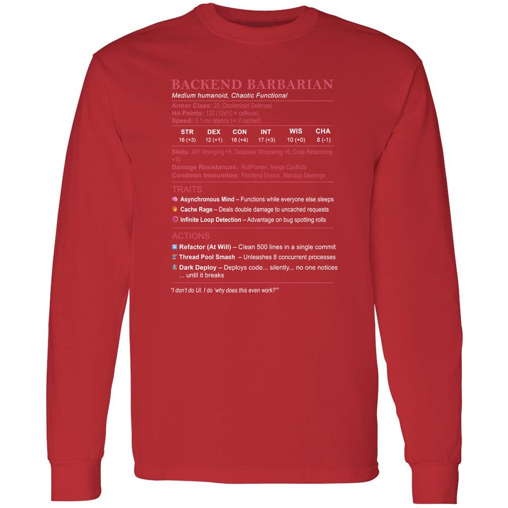 Backend Barbarian Stats Long Sleeve T-Shirt - Red - 14
