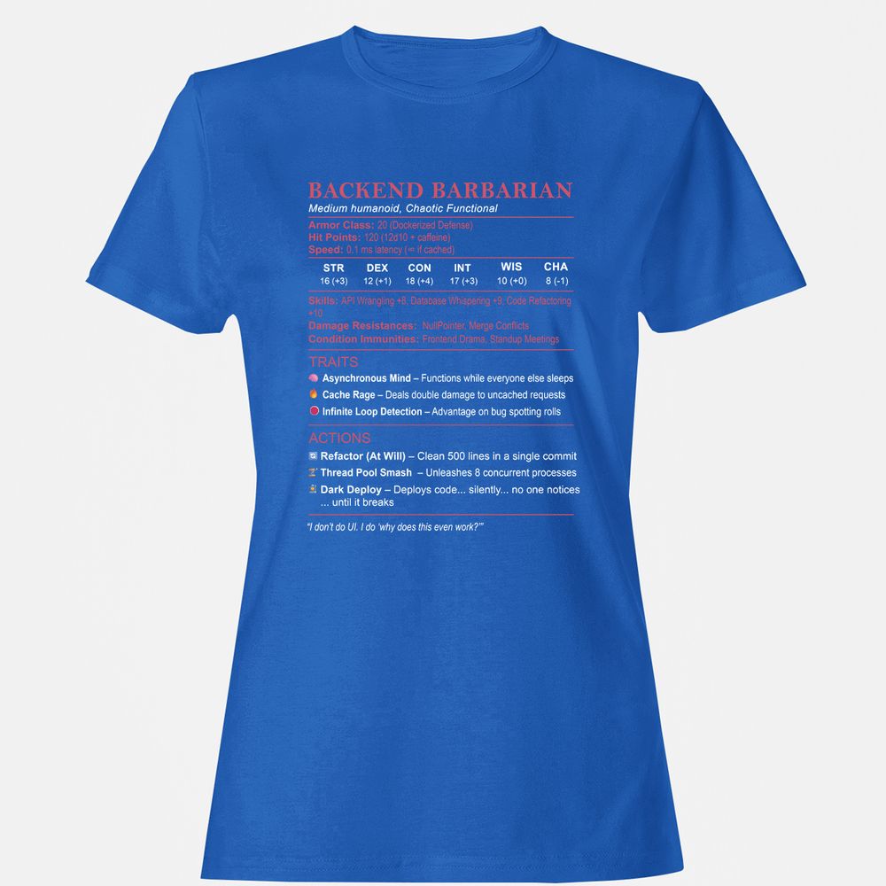 Backend Barbarian Stats Women's T-Shirt - Royal - 14