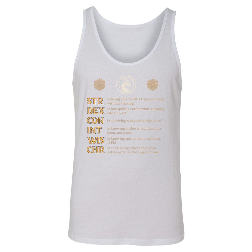 Coffee & Dragons RPG Stats Unisex Jersey Tank - White - 14