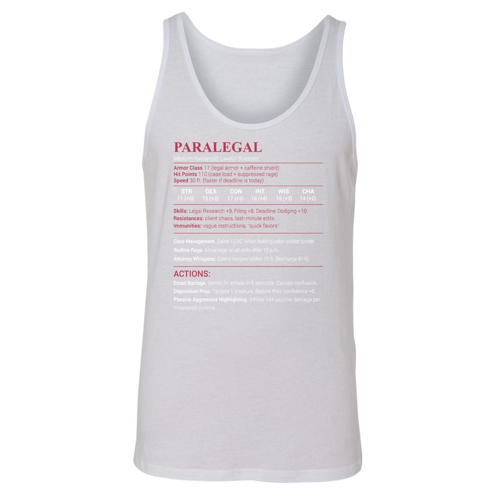 Paralegal Stats Unisex Jersey Tank - White - 14