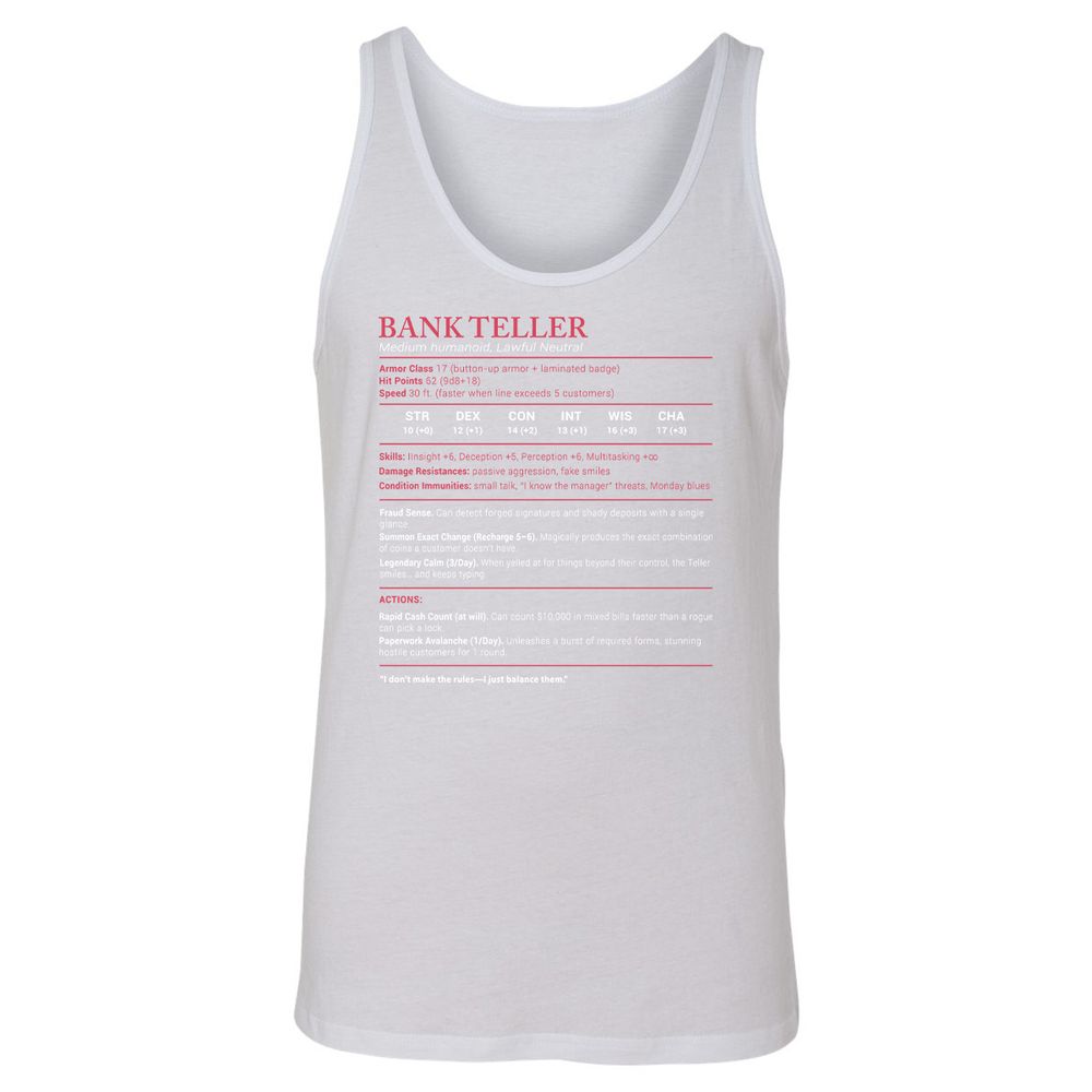 Bank Teller Stats Unisex Jersey Tank - White - 14