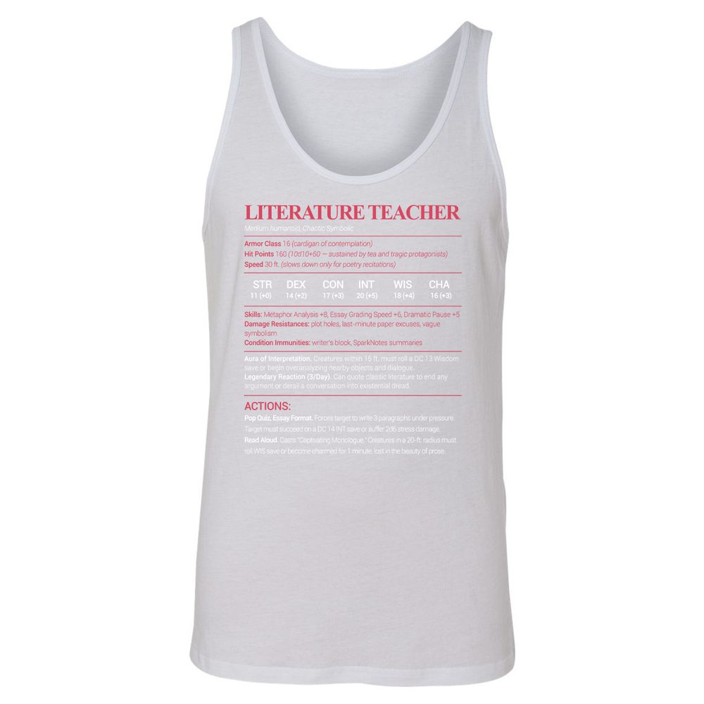 Literature Teacher Unisex Jersey Tank - White - 14