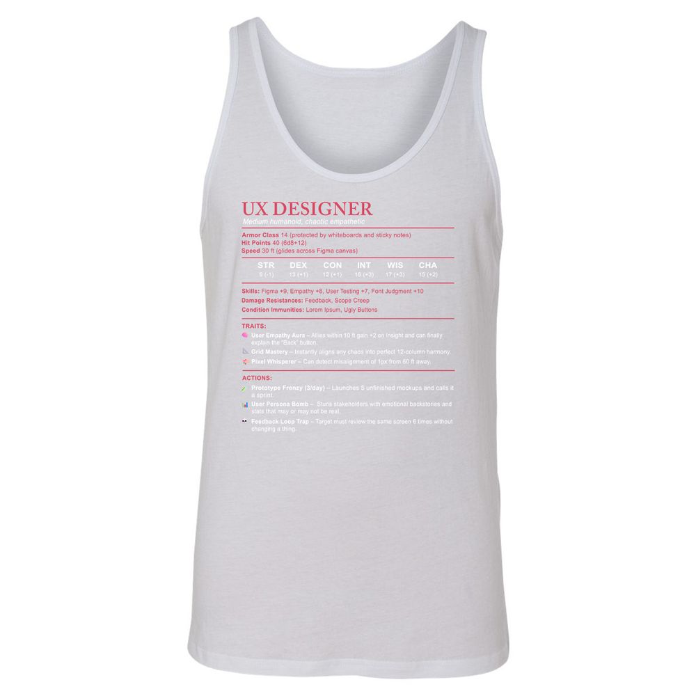 UX Designer Stats Unisex Jersey Tank - White - 14