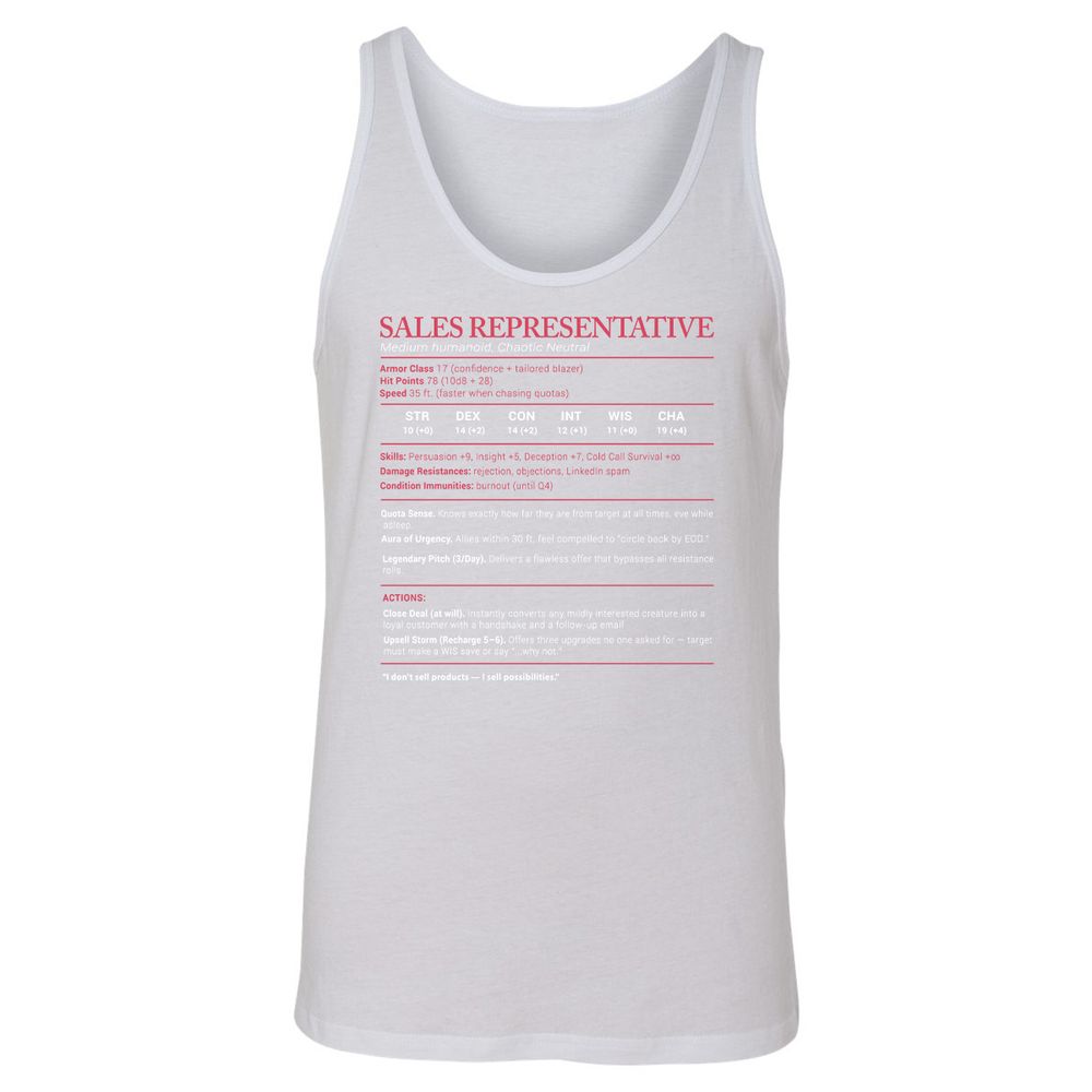 Sales Presentative Stats Unisex Jersey Tank - White - 14