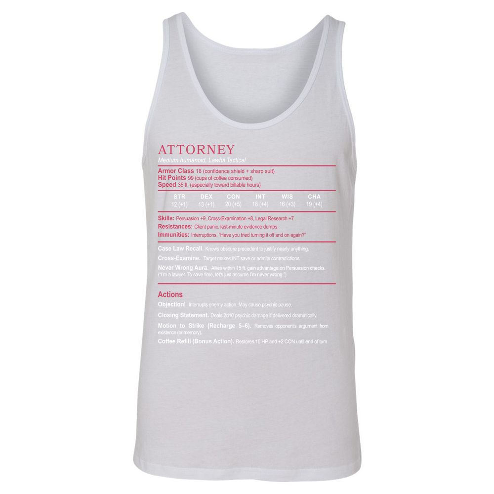 Attorney Unisex Jersey Tank - White - 14