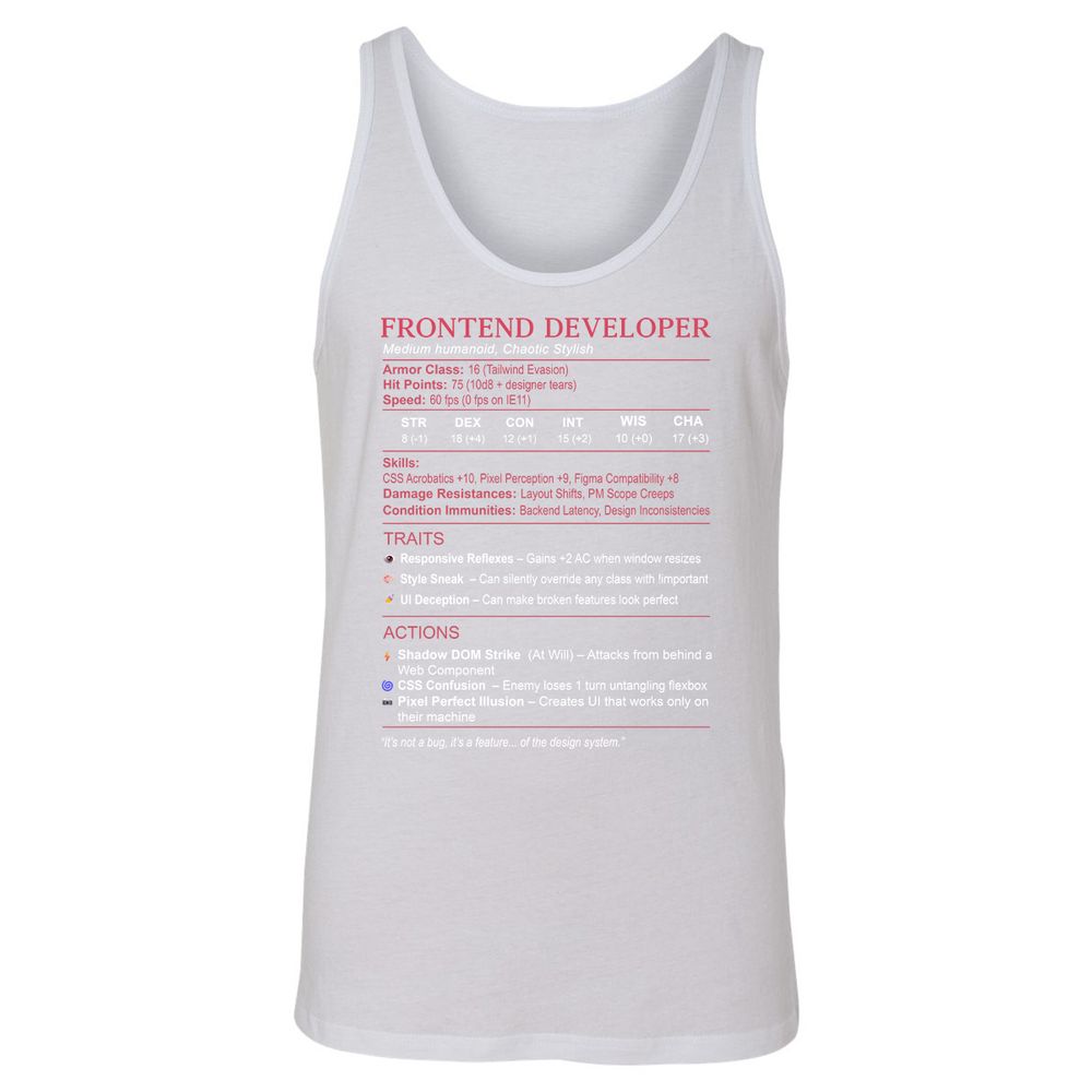 Frontend Developer Stats Unisex Jersey Tank - White - 14