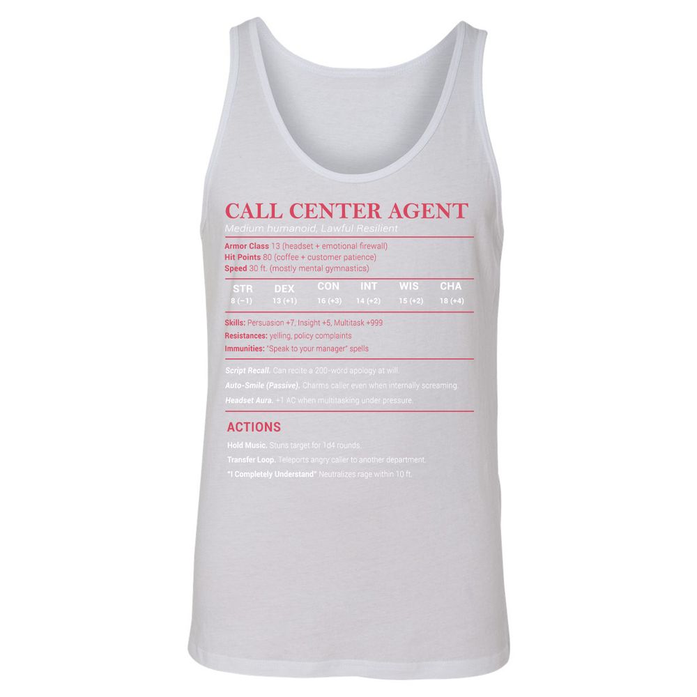 Call Center Agent Stats Unisex Jersey Tank - White - 14