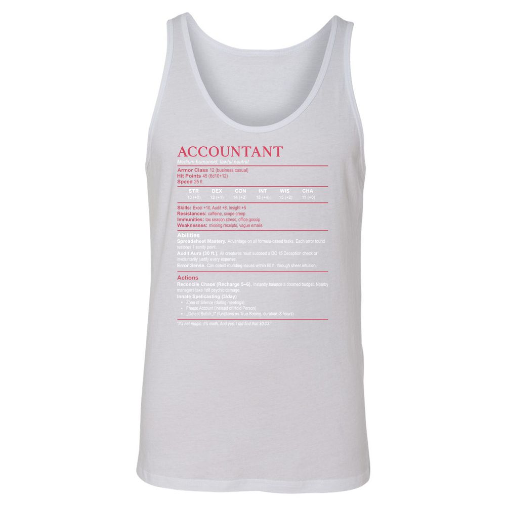 Accountant Stats Unisex Jersey Tank - White - 14