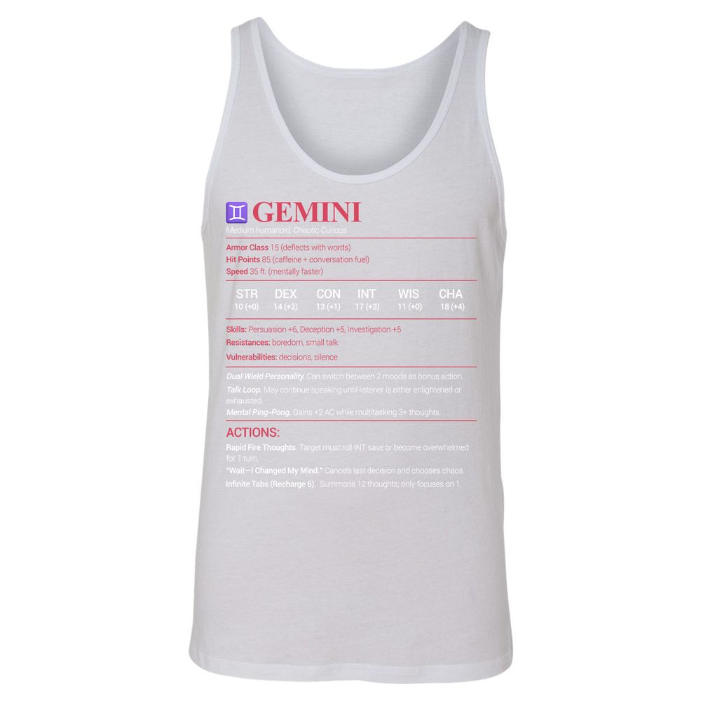 Gemini Stats Unisex Jersey Tank - White - 14