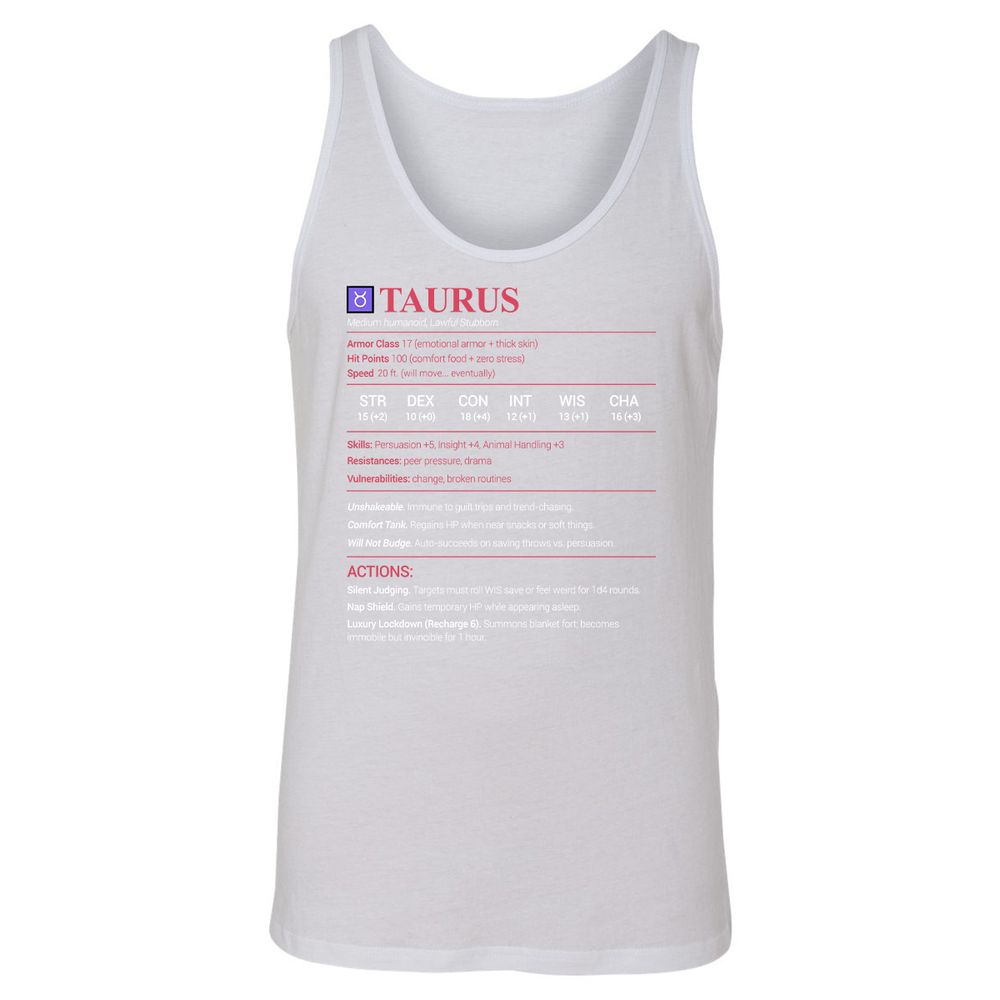 Taurus Stats Unisex Jersey Tank - White - 14