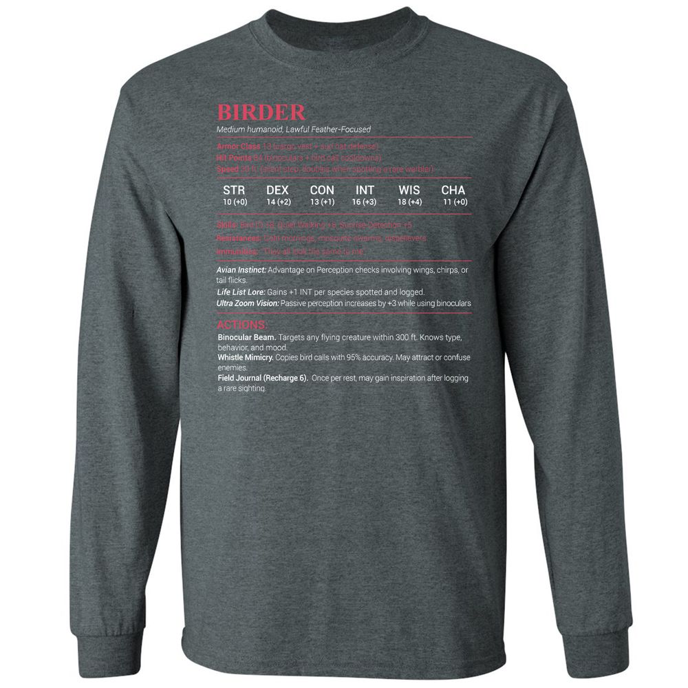 Birder Stats Long Sleeve T-Shirt - Dark Heather - 15