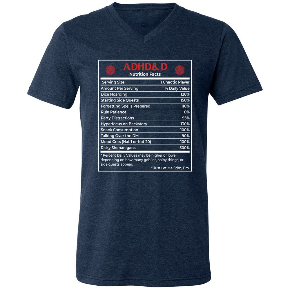 ADHD&D Nutrition Facts Unisex V-Neck T-Shirt - Heather Navy - 15