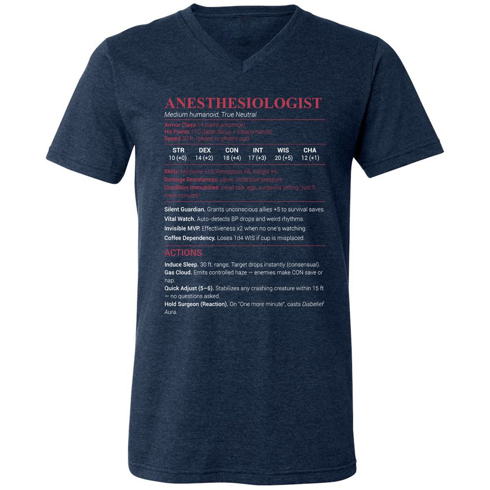 Anesthesiologist Stats Unisex V-Neck T-Shirt - Heather Navy - 15