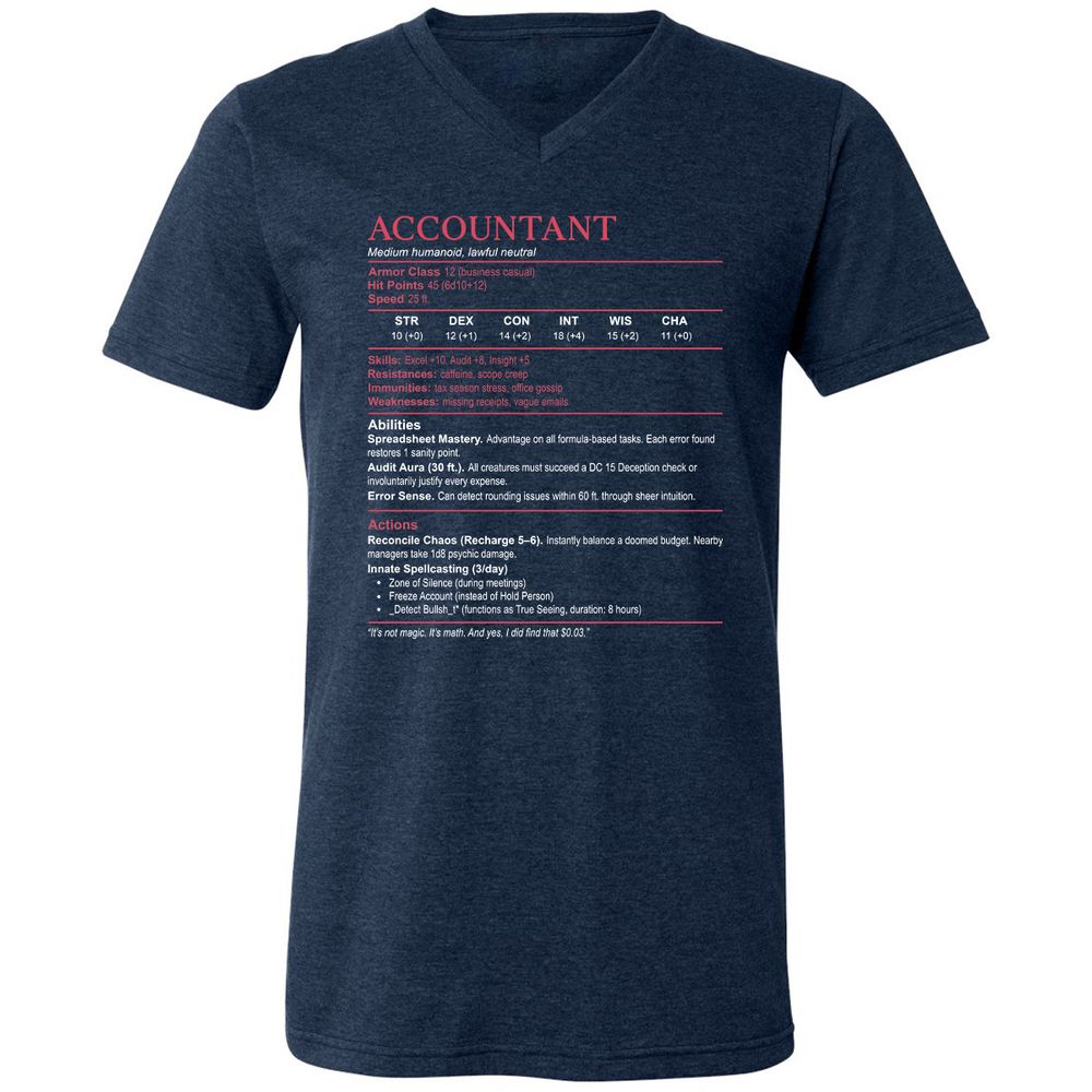 Accountant Stats Unisex V-Neck T-Shirt - Heather Navy - 15