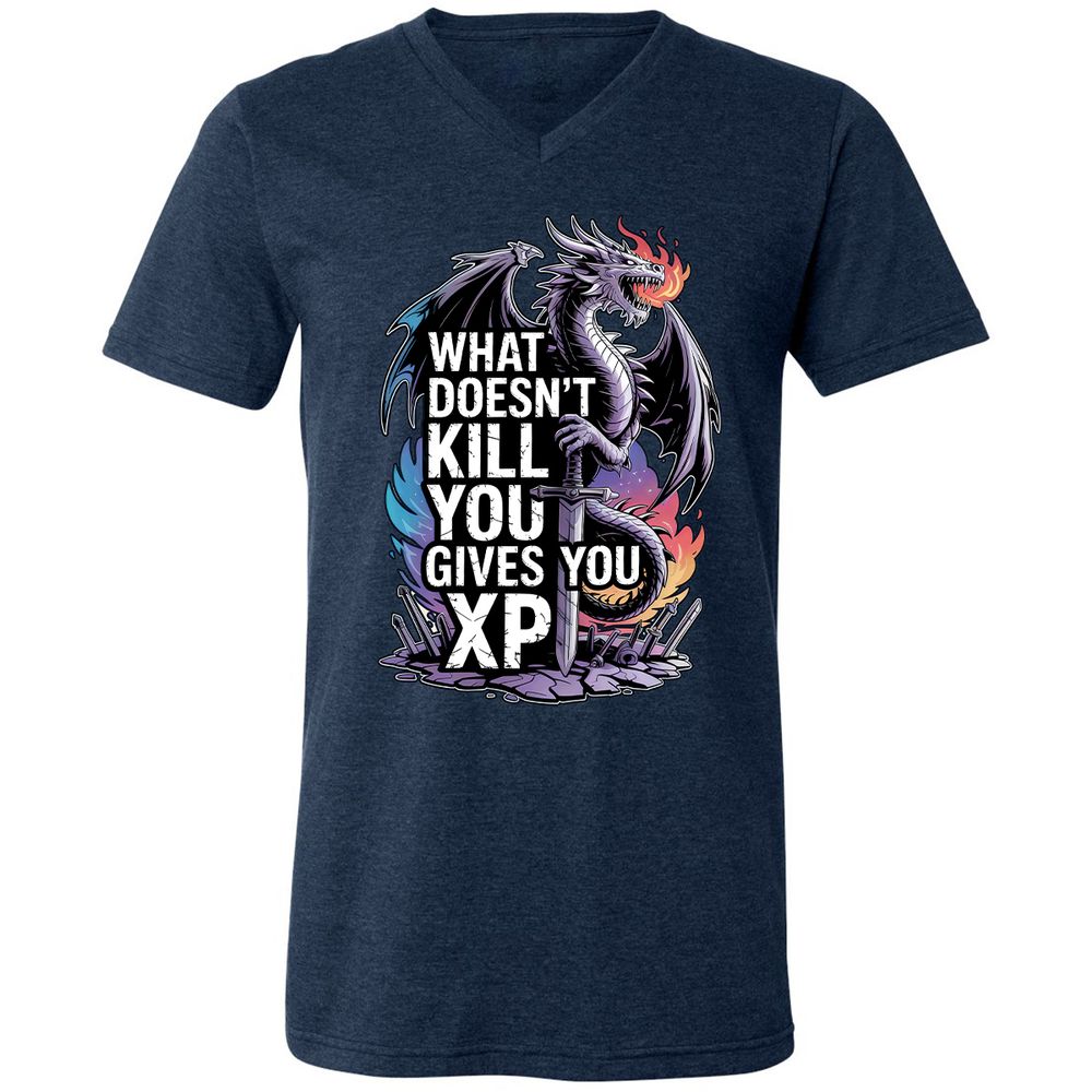 What Doesn't Kill You Dragon Unisex V-Neck T-Shirt - Heather Navy - 15