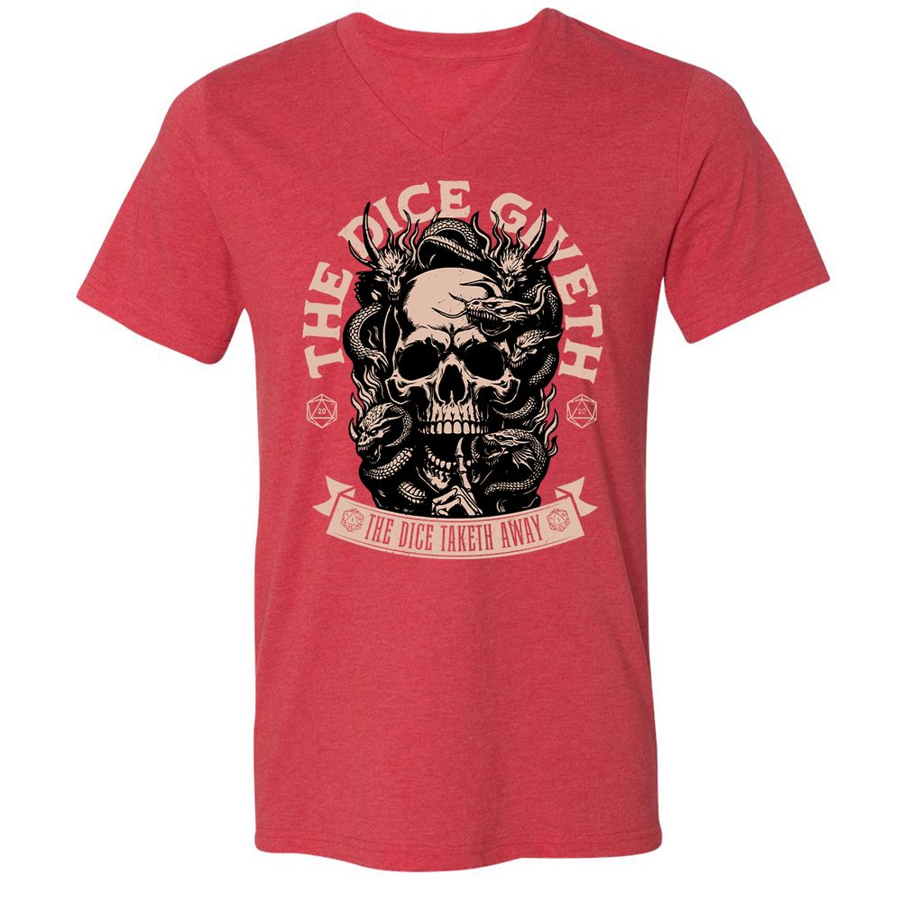 The Dice Giveth The Dice Taketh Away Unisex V-Neck T-Shirt - Heather Red - 16