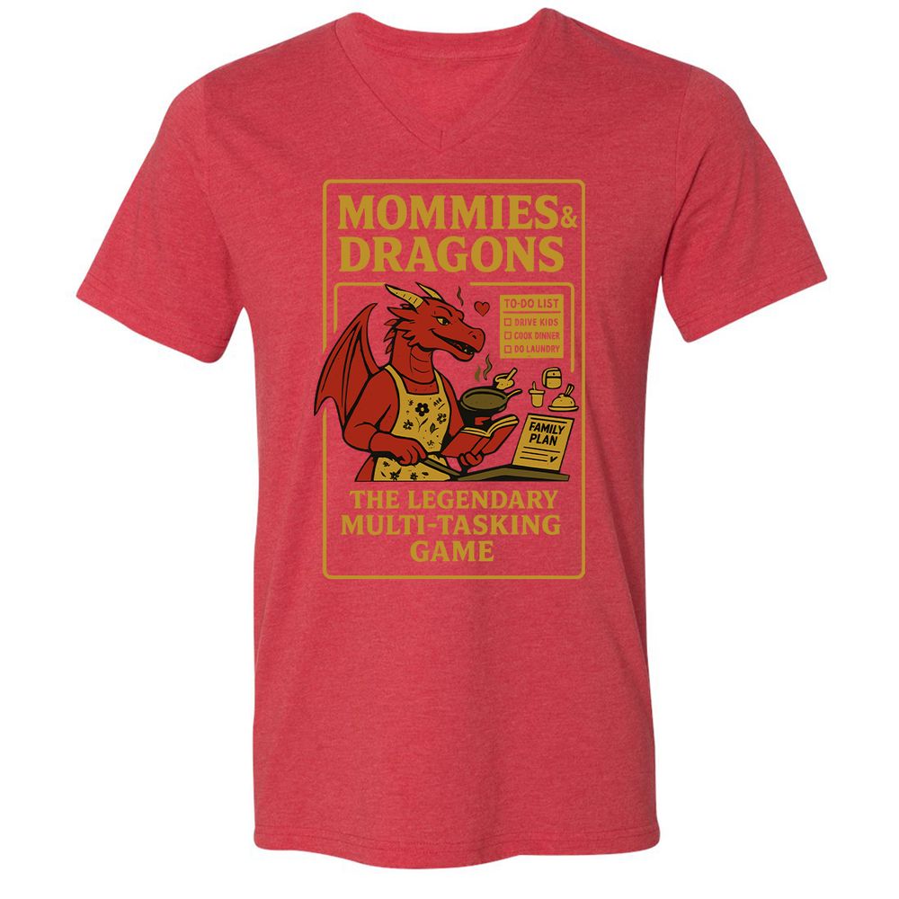 Mommies & Dragons Unisex V-Neck T-Shirt - Heather Red - 16