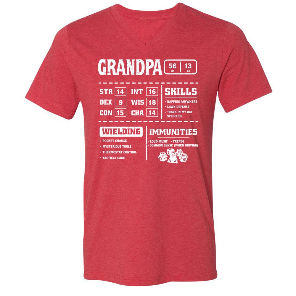 Grandpa Stats 2 Unisex V-Neck T-Shirt - Heather Red - 16