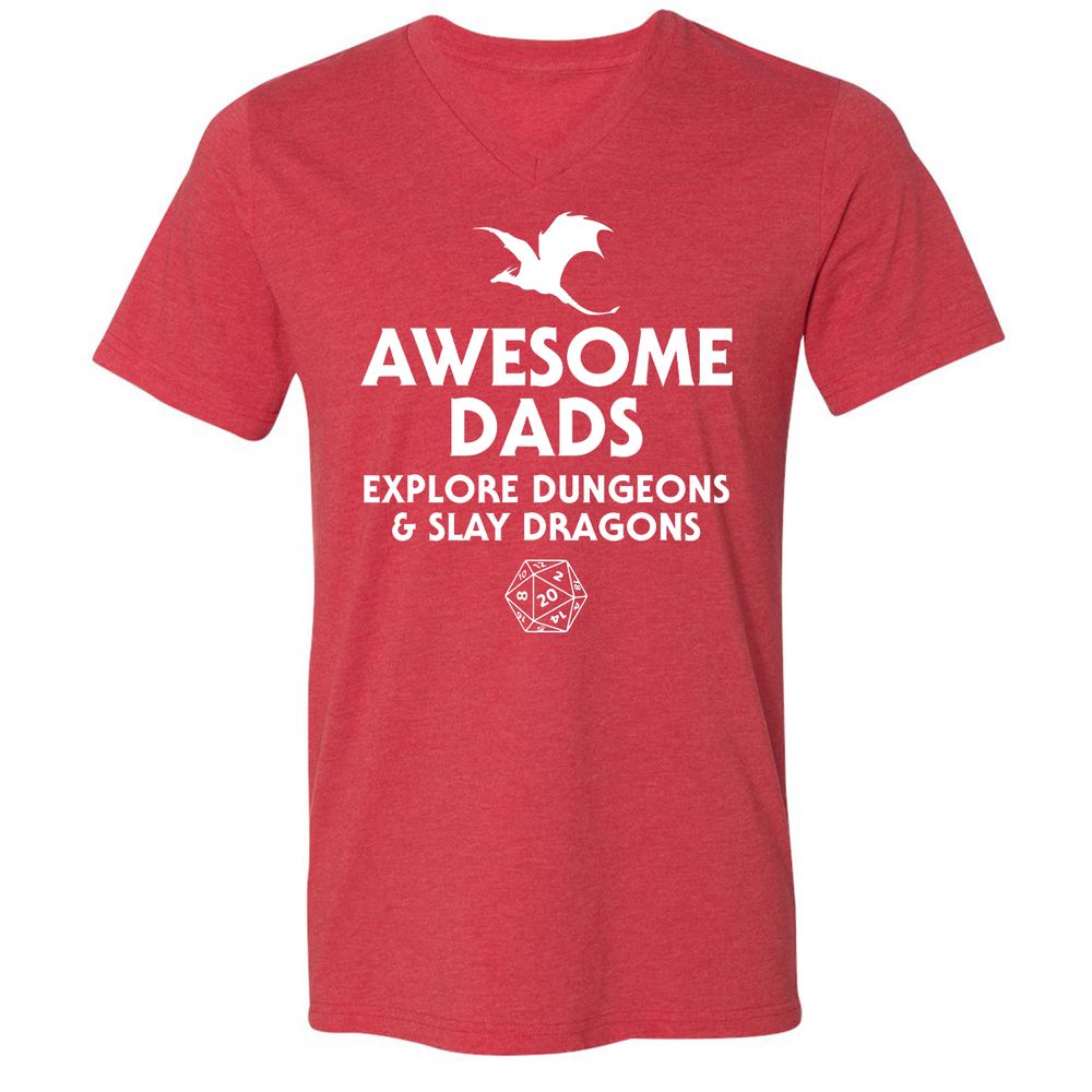 Awesome Dads Slay Dragons Unisex V-Neck T-Shirt - Heather Red - 16