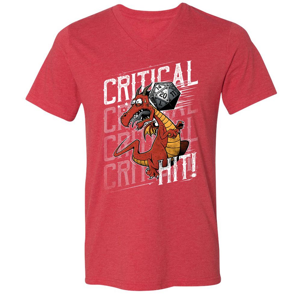 Funny Dragon Critical Hit Unisex V-Neck T-Shirt - Heather Red - 16