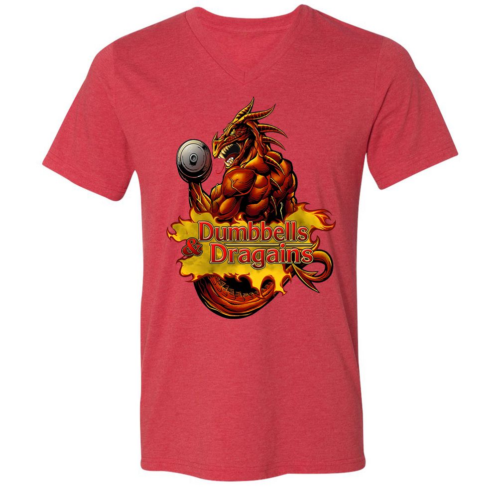 Dumbbells & Dragains Unisex V-Neck T-Shirt - Heather Red - 16