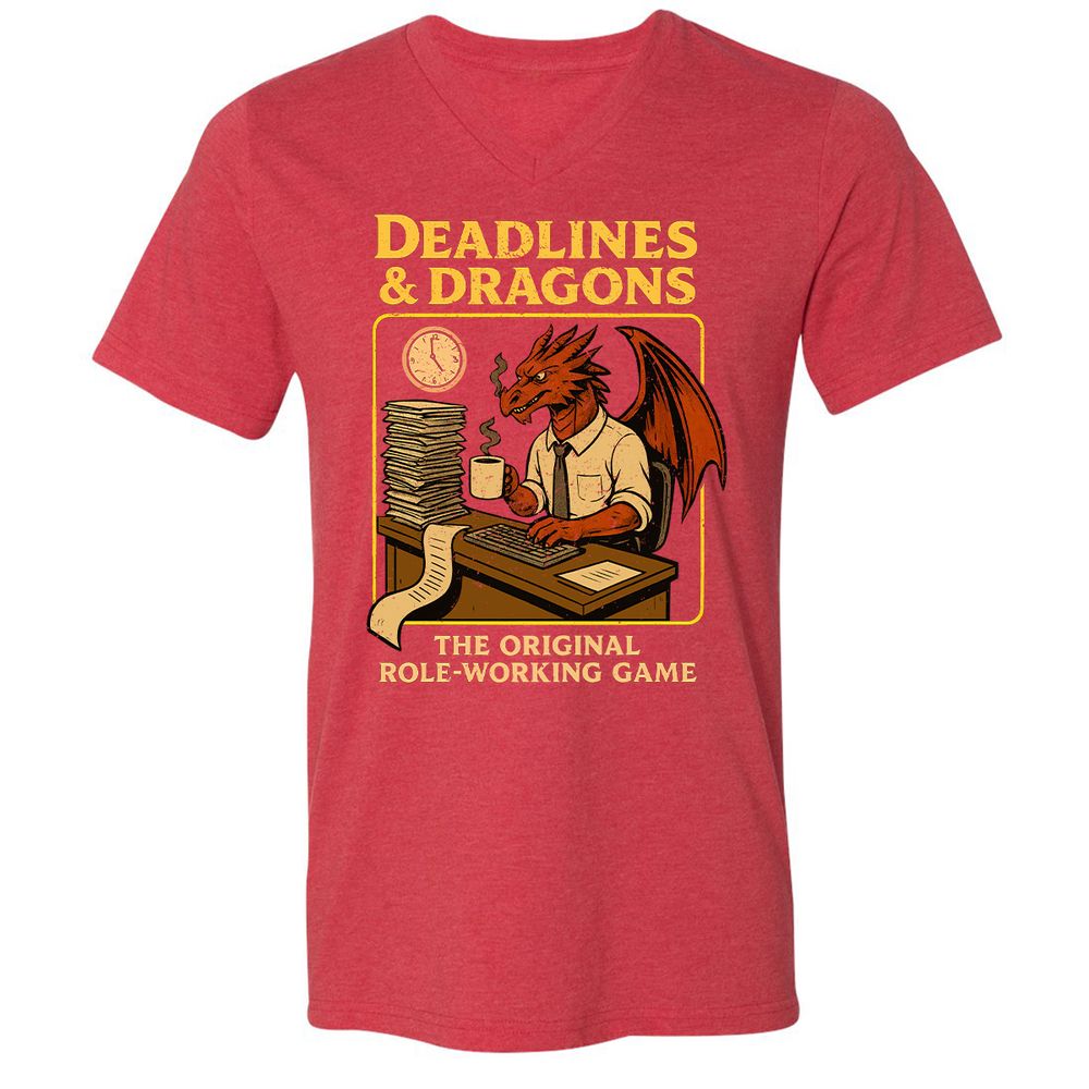 Deadlines & Dragons (Office Staff) Unisex V-Neck T-Shirt - Heather Red - 16