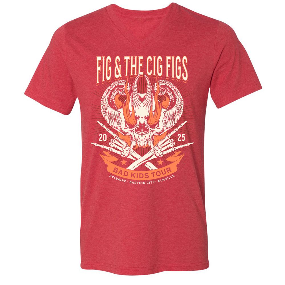Fig and the Cig Figs, Dimension 20 Unisex V-Neck T-Shirt - Heather Red - 16