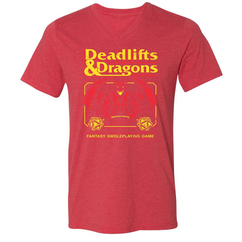 Deadlifts And Dragons Unisex V-Neck T-Shirt - Heather Red - 16