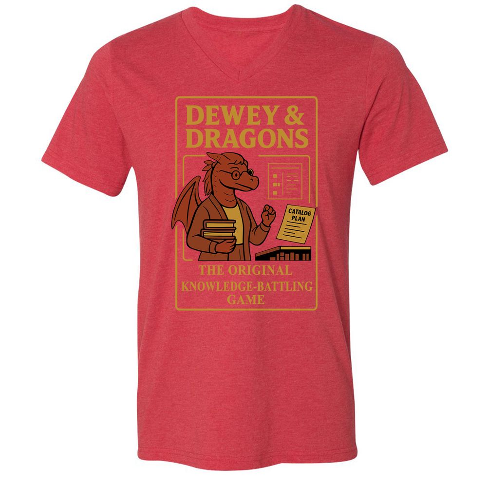 Dewey & Dragons Unisex V-Neck T-Shirt - Heather Red - 16