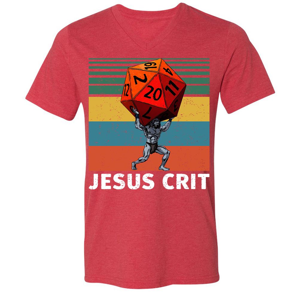 Jesus Crit Unisex V-Neck T-Shirt - Heather Red - 16