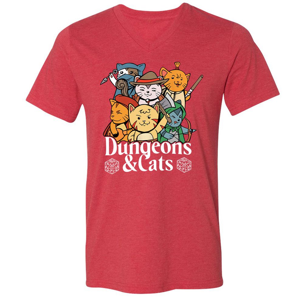 Dungeons & Cats Unisex V-Neck T-Shirt - Heather Red - 16