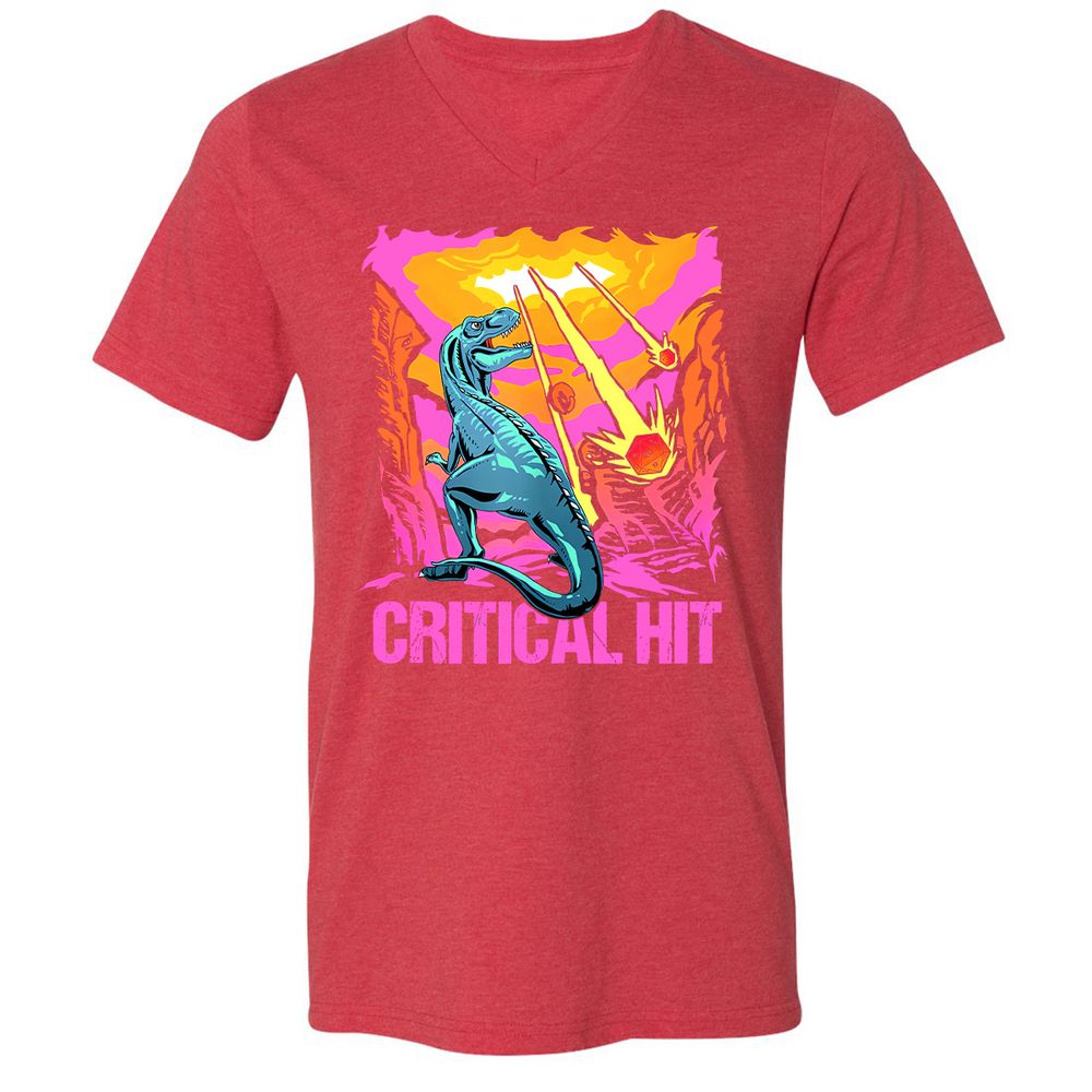 Dinosaur Critical Hit Unisex V-Neck T-Shirt - Heather Red - 16