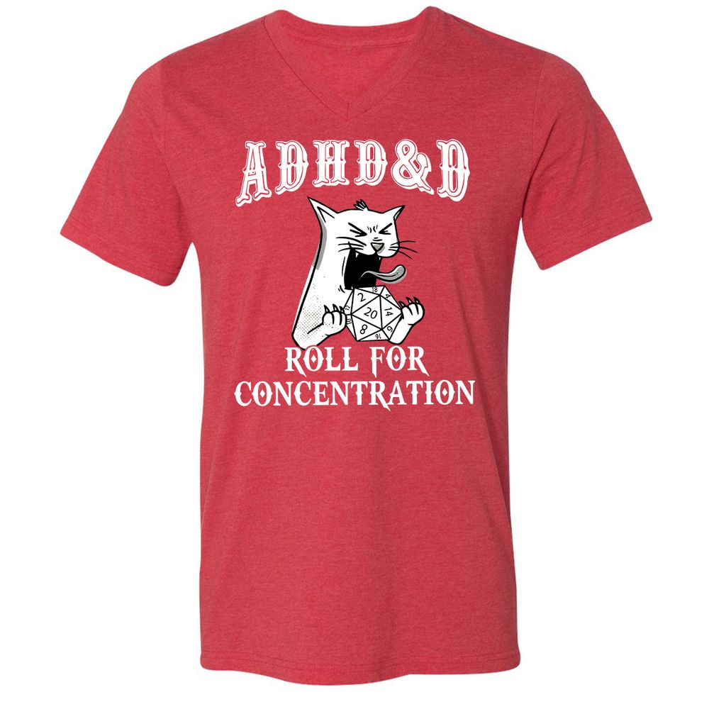 Cat ADHD&D Roll For Concentration Unisex V-Neck T-Shirt - Heather Red - 16