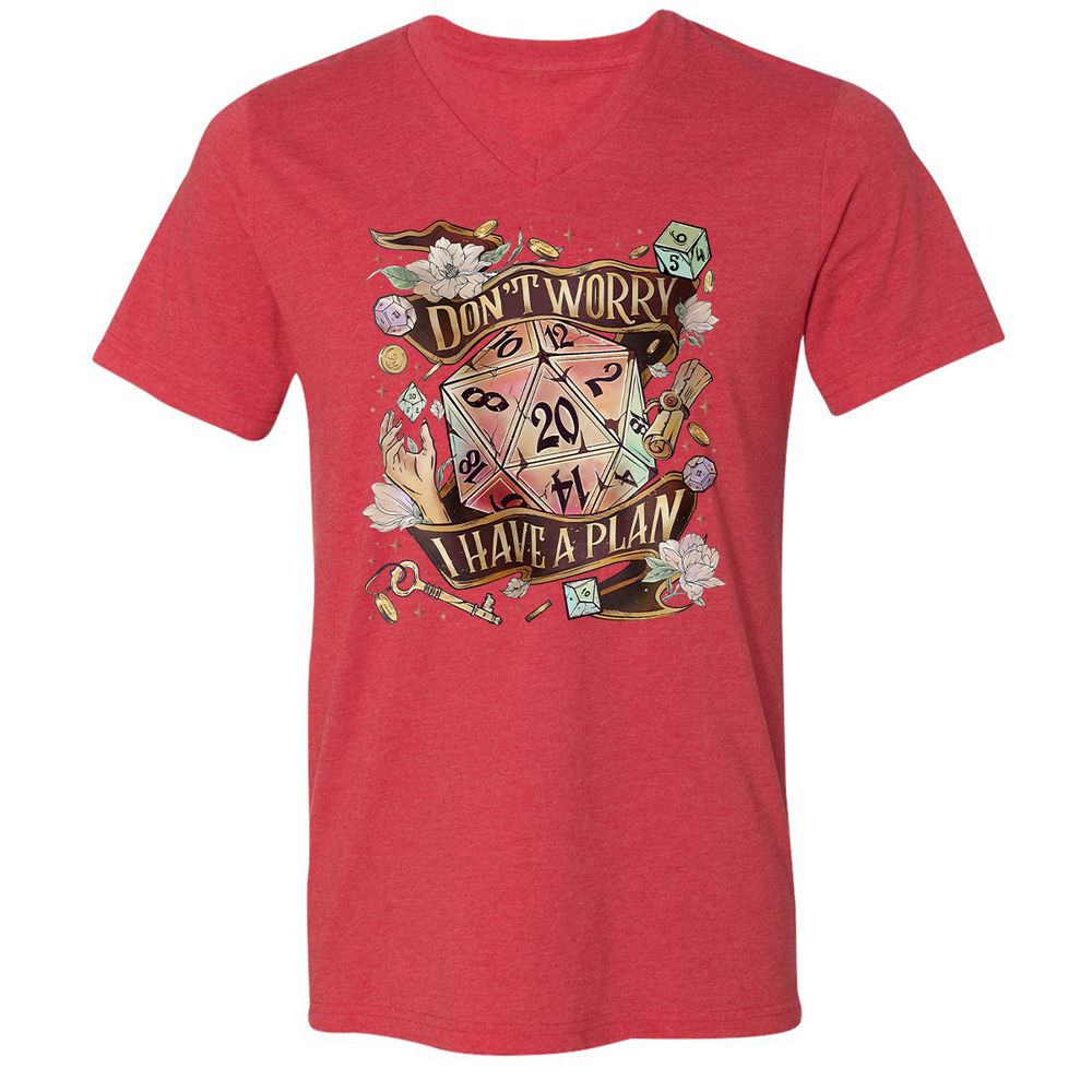 Floral Don't Worry I Have A Plan Unisex V-Neck T-Shirt - Heather Red - 16