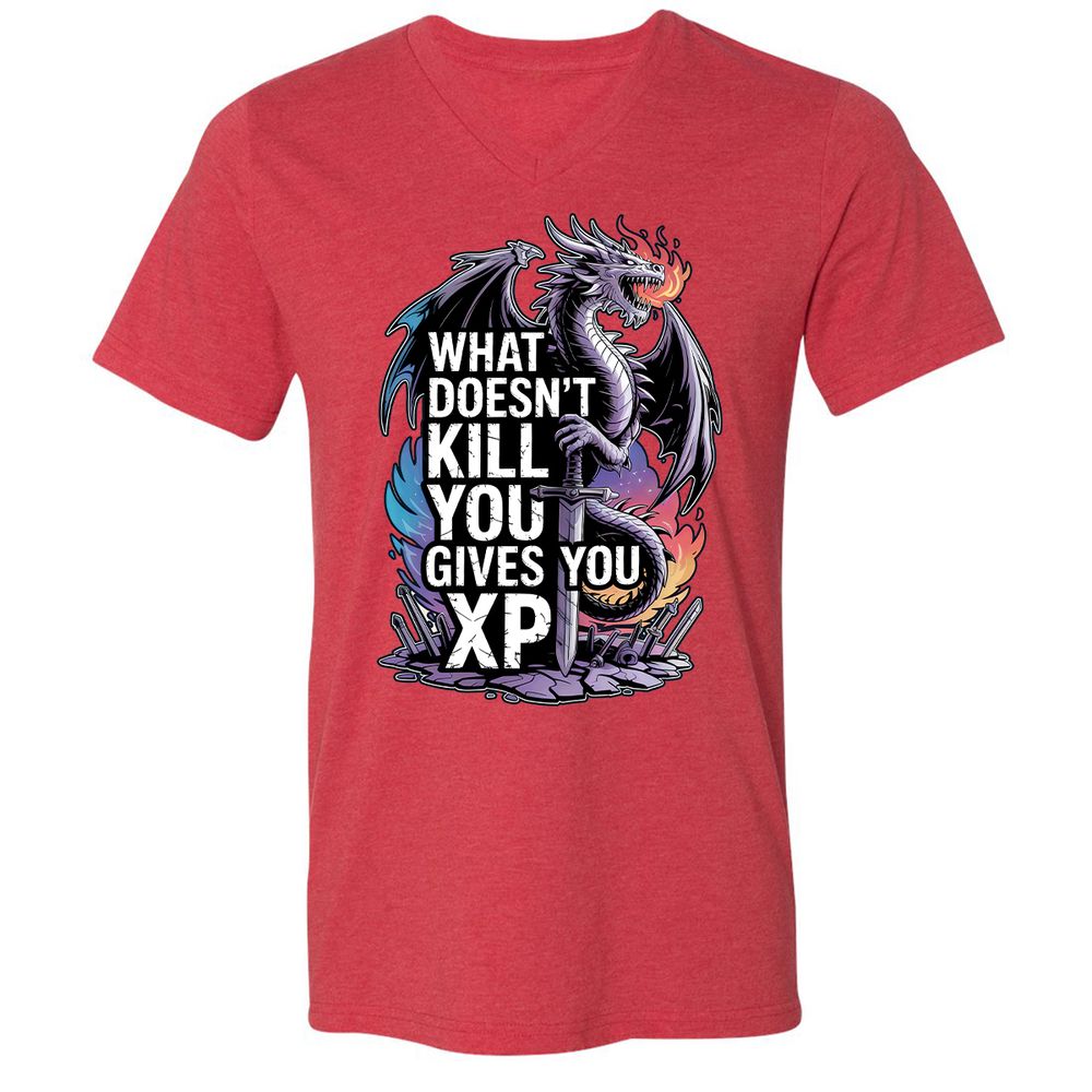 What Doesn't Kill You Dragon Unisex V-Neck T-Shirt - Heather Red - 16
