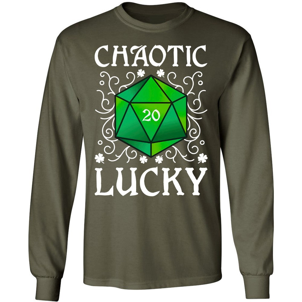 Chaotic Lucky D20 Dice Long Sleeve T-Shirt - Military Green - 16