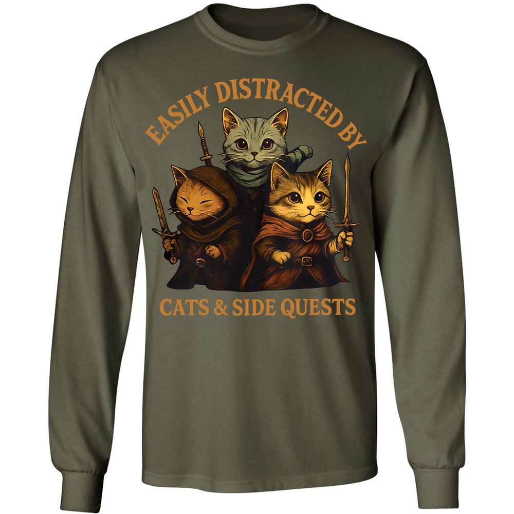 Easily Distracted By Cats & Side Quests Long Sleeve T-Shirt - Military Green - 16