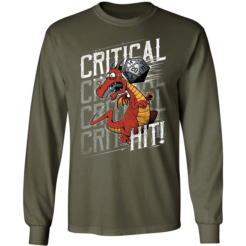 Funny Dragon Critical Hit Long Sleeve T-Shirt - Military Green - 16
