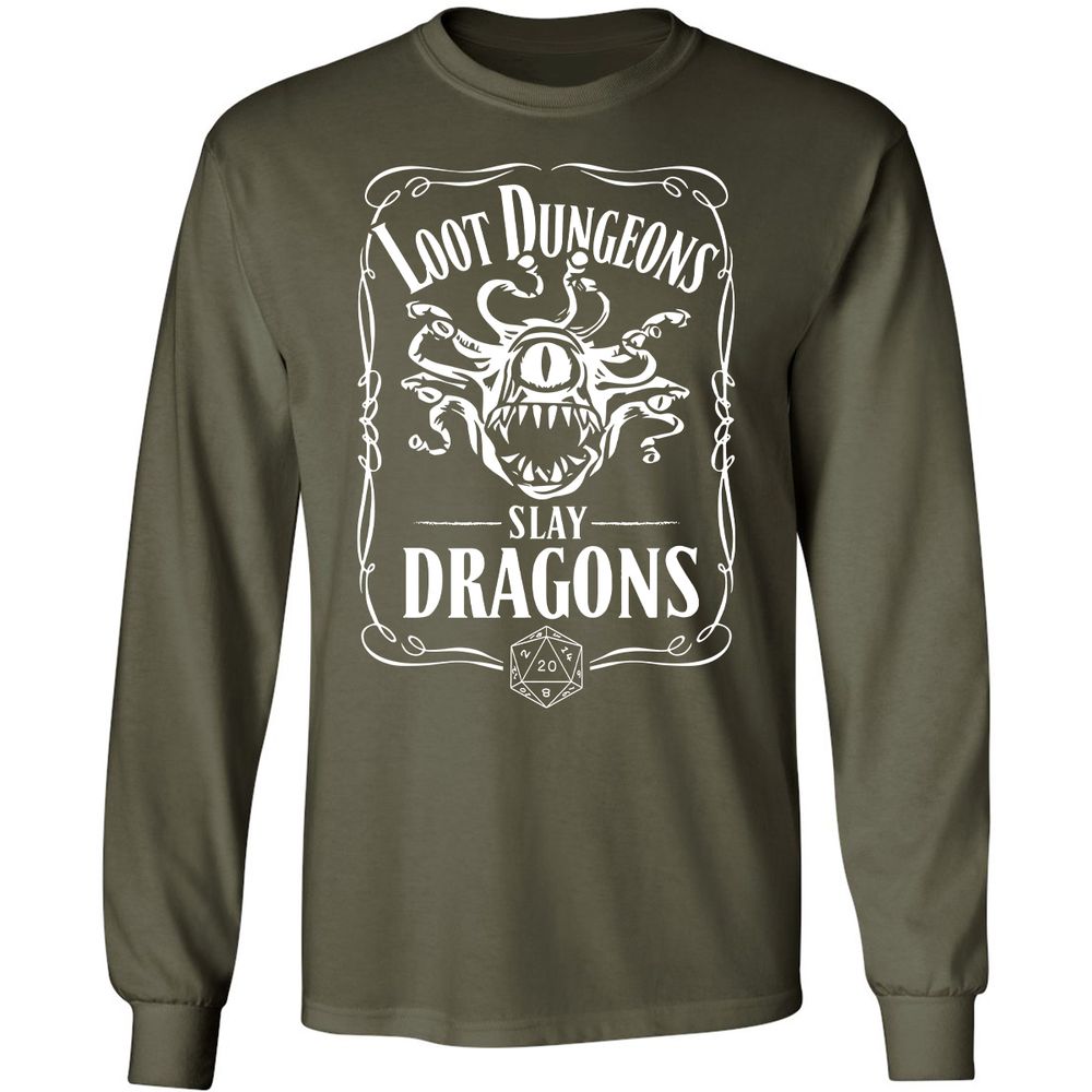 Loot Dungeon Slay Dragons Long Sleeve T-Shirt - Military Green - 16