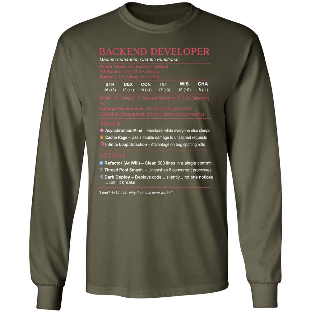 Backend Developer Stats Long Sleeve T-Shirt - Military Green - 16