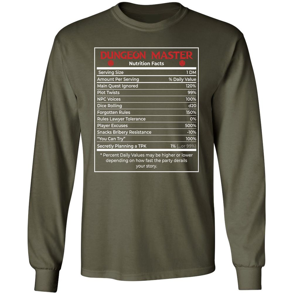 Dungeon Master Nutrition Facts Long Sleeve T-Shirt - Military Green - 16