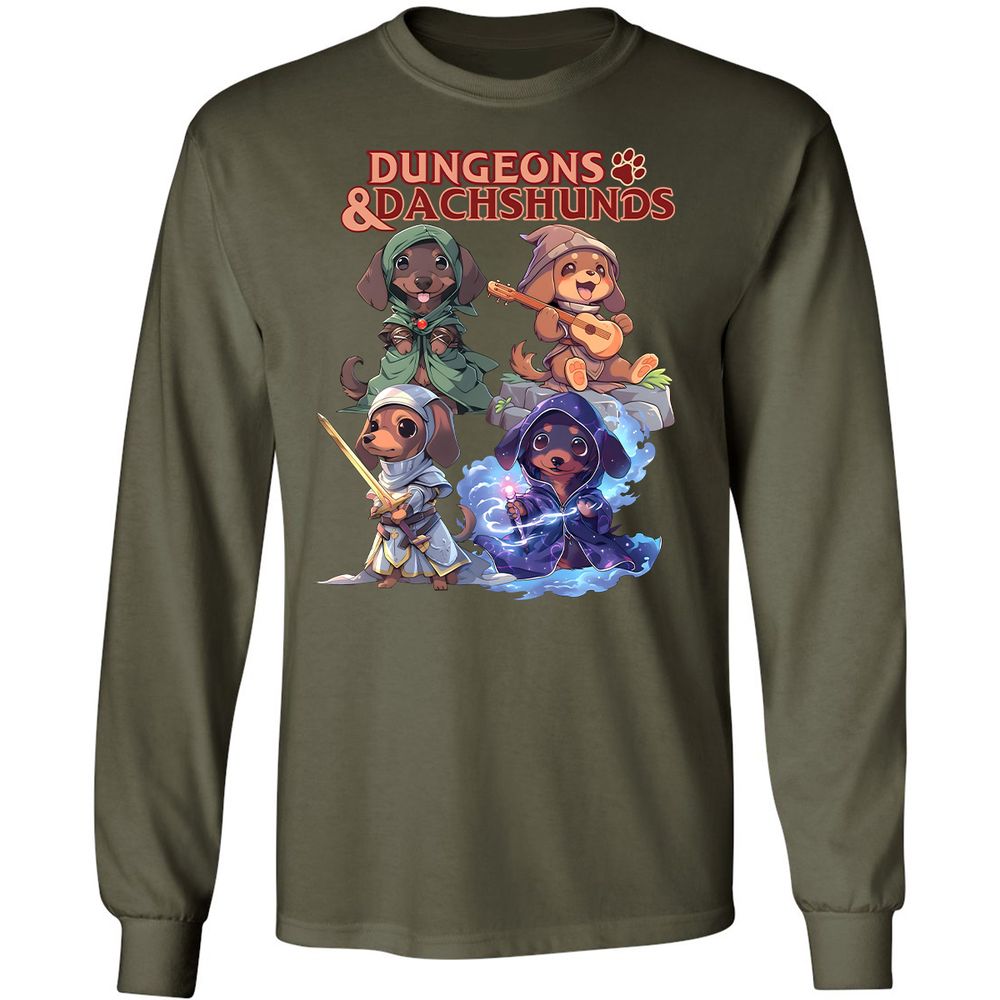 Dungeons & Dachshunds Long Sleeve T-Shirt - Military Green - 16