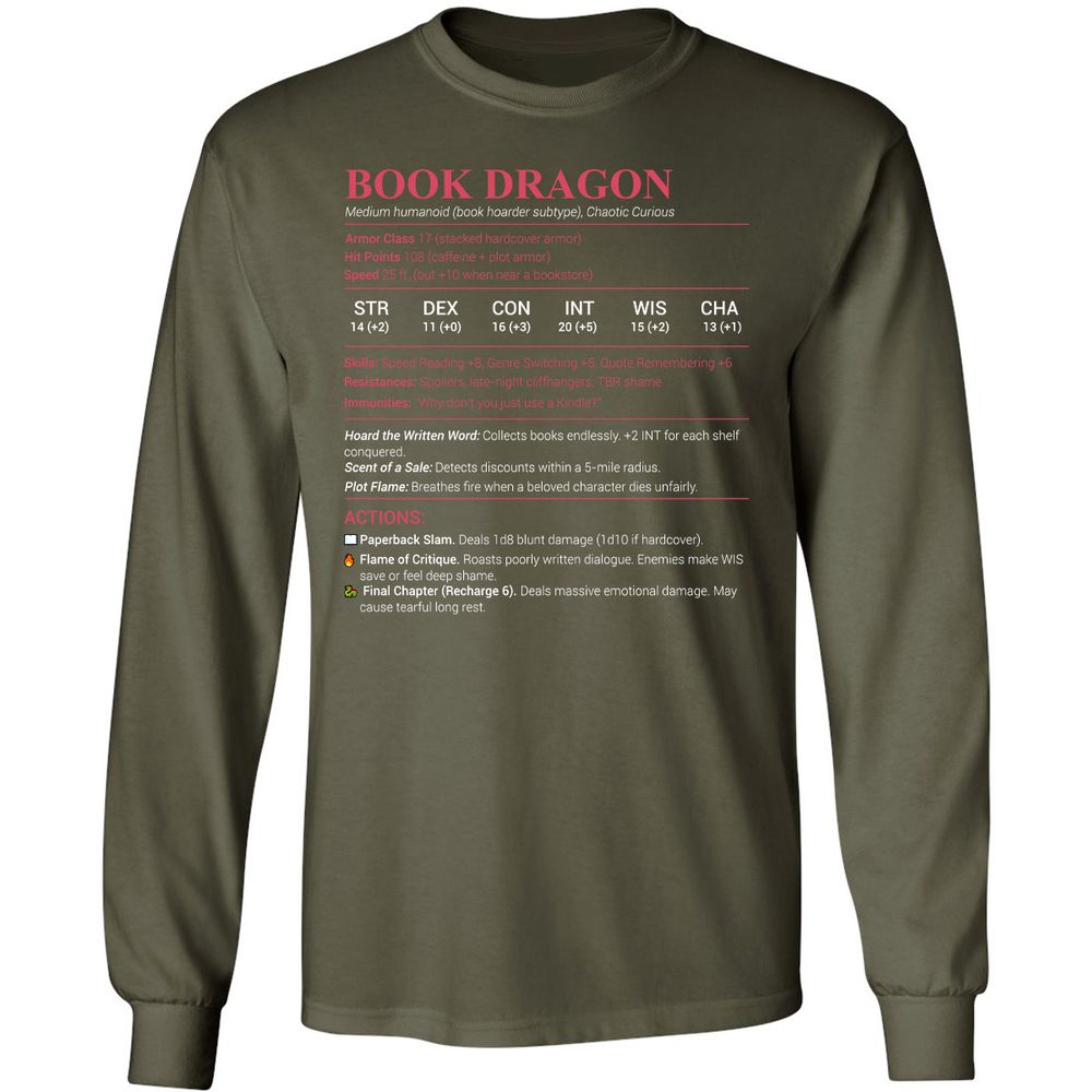 Book Dragon Stats Long Sleeve T-Shirt - Military Green - 16