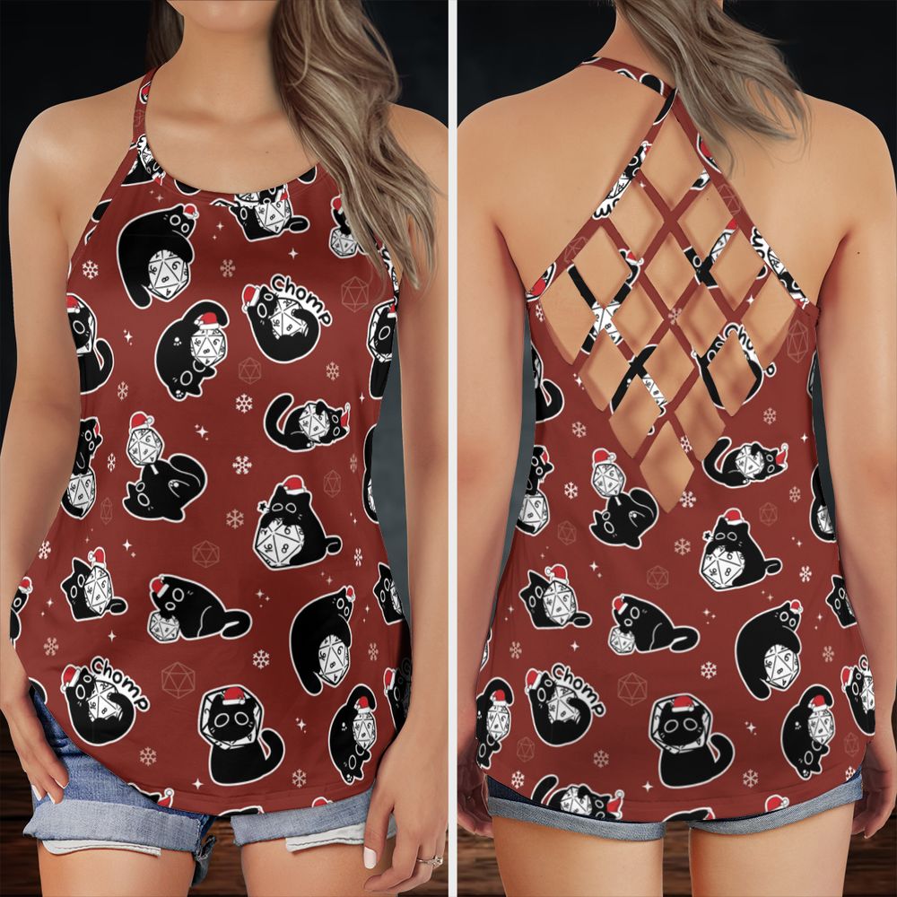 Christmas Black Cat Dice Criss Cross Tank Top -  - 1