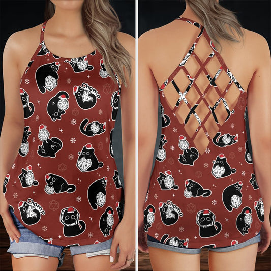 Christmas Black Cat Dice Criss Cross Tank Top -  - 1