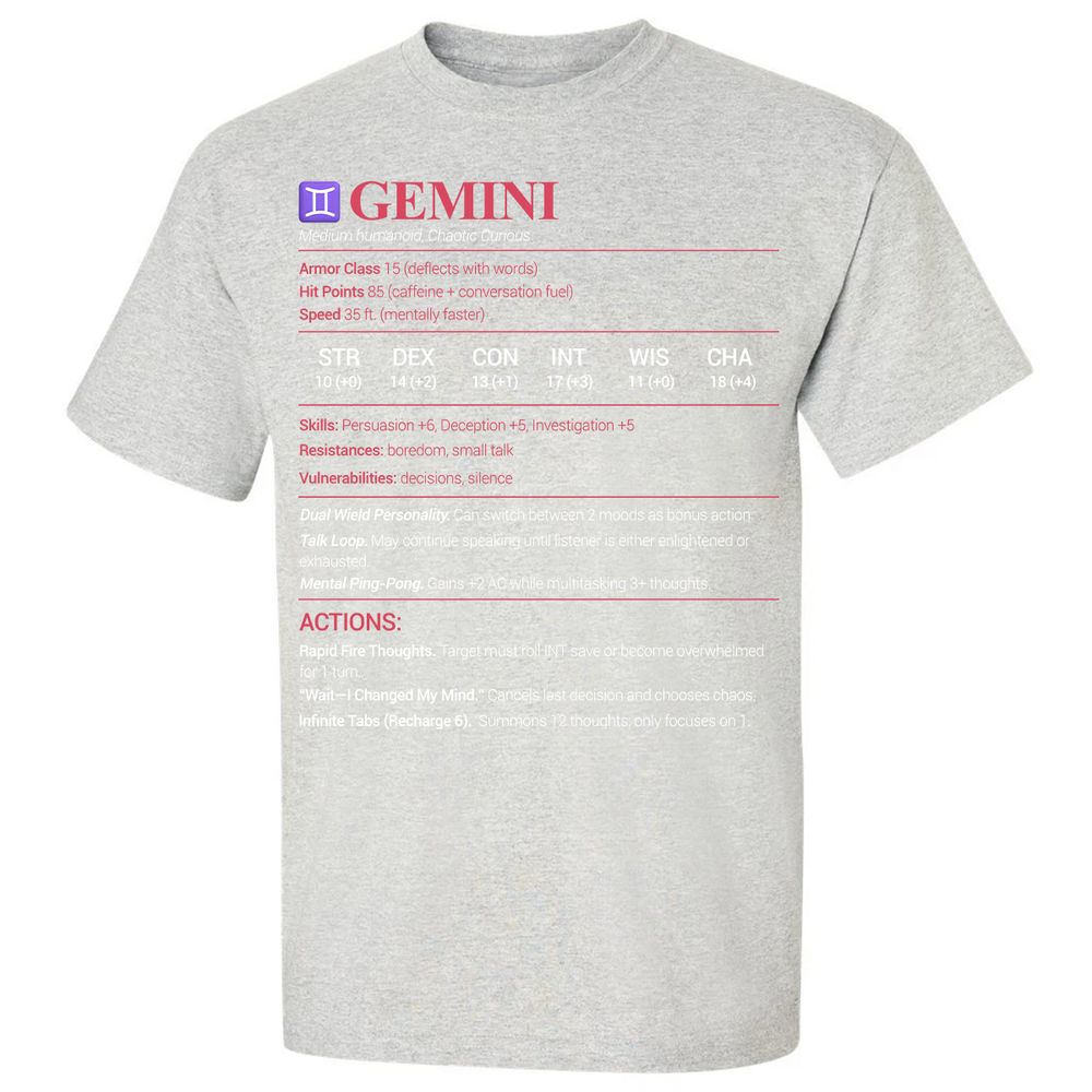 Gemini Stats Classic Unisex T-Shirt - Ash - 2